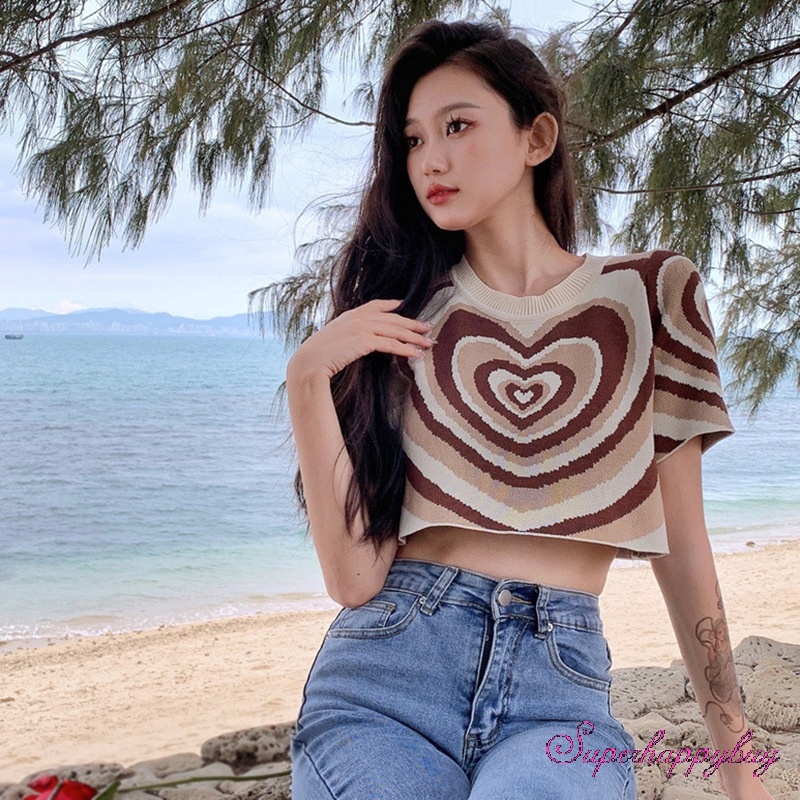 Áo Thun Dệt Kim Tay Ngắn Cổ Tròn In Hình Trái Tim Thời Trang Cho Nữ