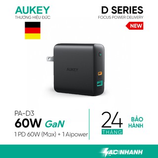 Cốc Sạc Nhanh Aukey PA-D3 Type C PD 60W, USB 12W, Dynamic Detect - Hàng Chính Hãng