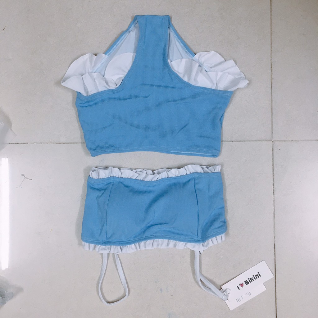 Bikini, đồ bơi 2 mảnh áo ống xanh duơng dễ thương chất vải thun gân (hàng Quảng Châu loại 1)