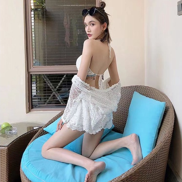 Đồ bơi 3 mảnh bikini đi biển sexy váy bơi nữ len móc cá tính kín đáo