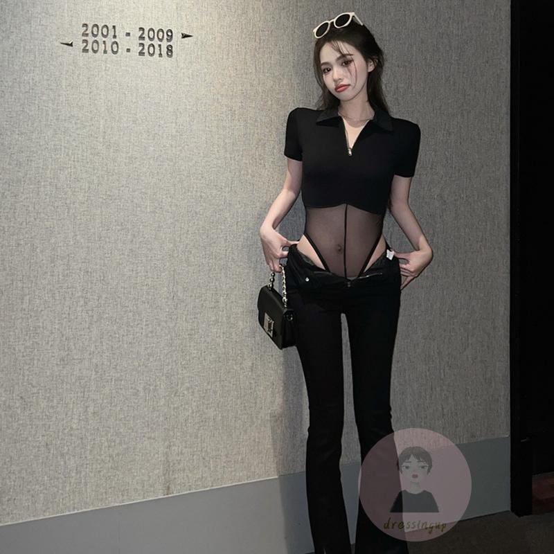 DRE-Women Attractive Sheer Bodysuit, Black Solid Color Quarter Zip Turn-down Neckline Bodysuit | BigBuy360 - bigbuy360.vn