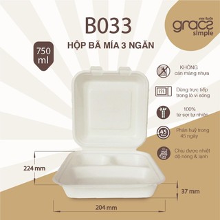 [ HÀNG CHÍNH HÃNG] Hộp Cơm Bã Mía 3 ngăn (750ml) (GRACZ - THÁI LAN)