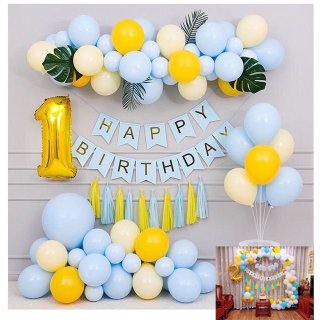 Combo bong bóng trang trí sinh nhật happy birthday màu xanh pastel, tặng đủ đồ phụ kiện trang trí CB07