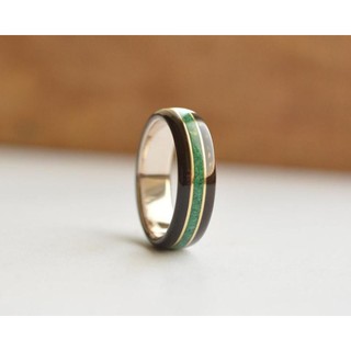 nhẫn titanium ốp gỗ mun, đá turquise