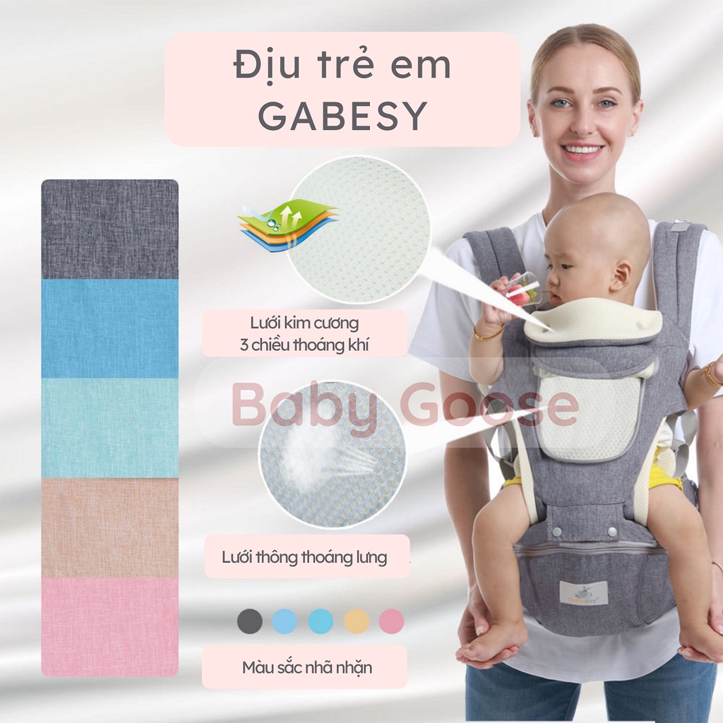 Địu em bé Gabesy cao cấp, địu 9 tư thế cho bé thoáng khí, có ghế ngồi, có đỡ cổ, có mũ che dành cho bé từ 0- 36 tháng.