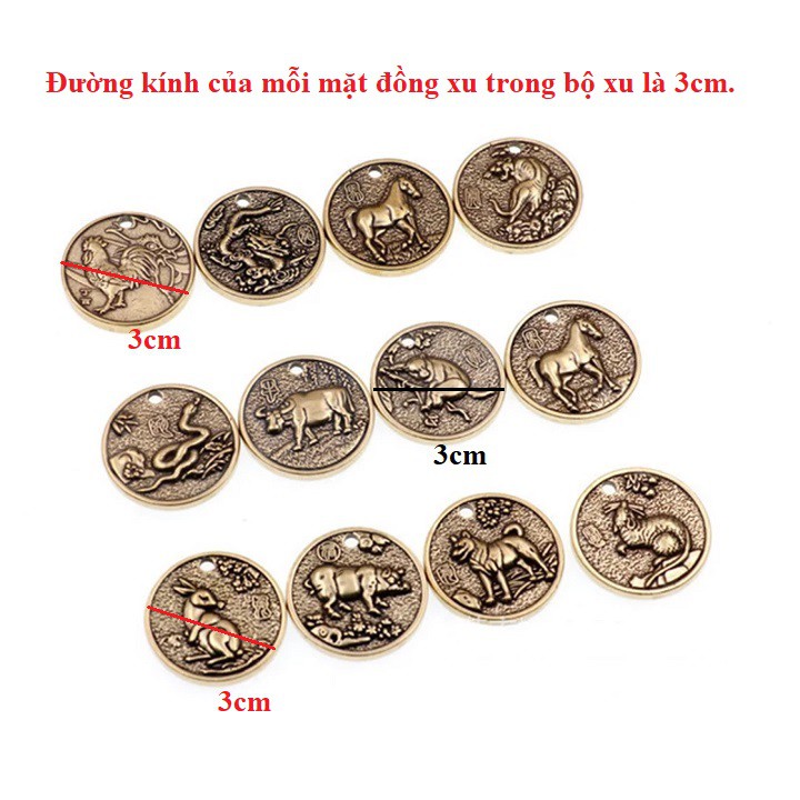 Bộ 12 Mặt Đồng Xu Đồng 12 Con Giáp, Mỗi chi tiết trên đồng xu được chạm khắc chi tiết; đường kính 3cm - SP002442