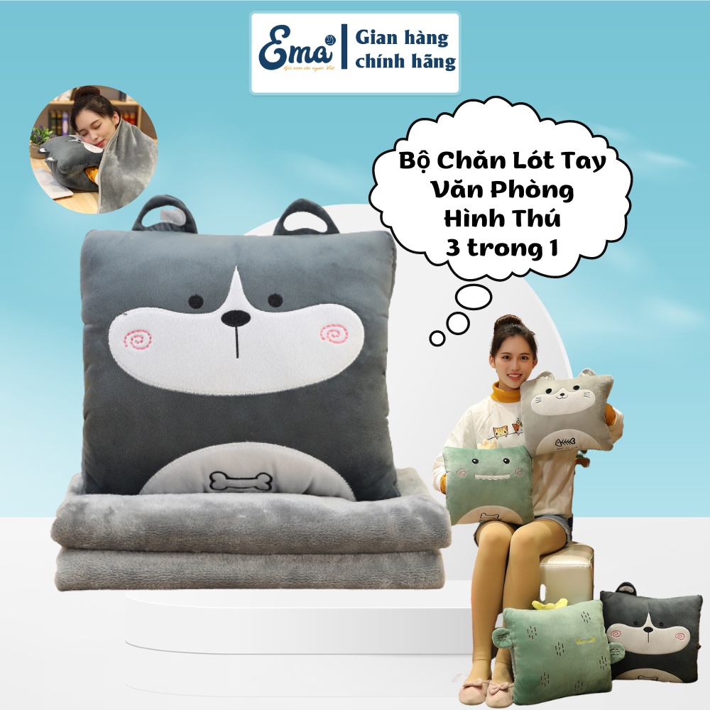 Bộ Chăn Gối Văn Phòng Hình Thú 3 trong 1 Ema, Bộ chăn gối ngủ trưa đa năng tiện lợi cao cấp