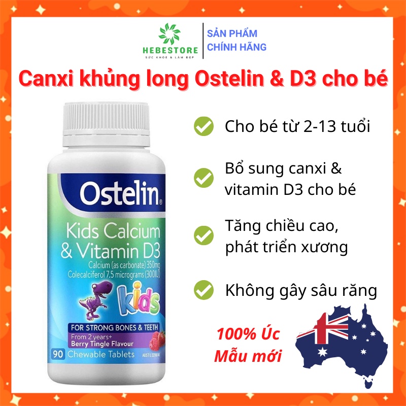 Kẹo canxi & vitamin D3 Ostelin Úc, canxi khủng long 90 viên cho bé từ 2 tuổi