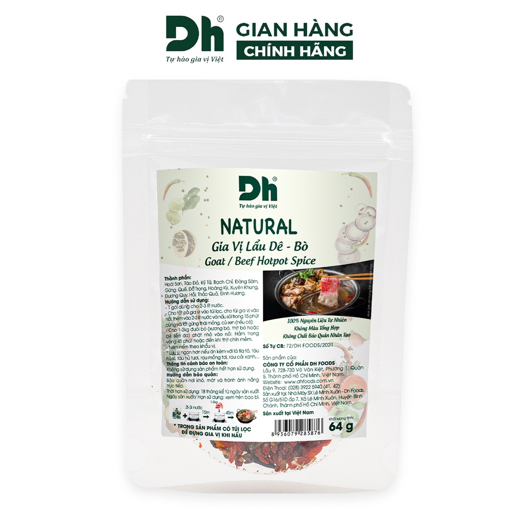 Gia vị lẩu dê bò Natural DH Foods nêm sẵn thành phần tự nhiên gói 64gr - DHGVT99