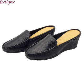 Giày Sục Nữ Đế Xuồng Giày Cao Gót 5cm Da Bò Thật Cực Mềm Evelynv 5P1363 (Đen)