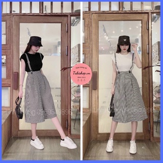 Set quần yếm và áo thun set đồ nữ váy caro dễ thương