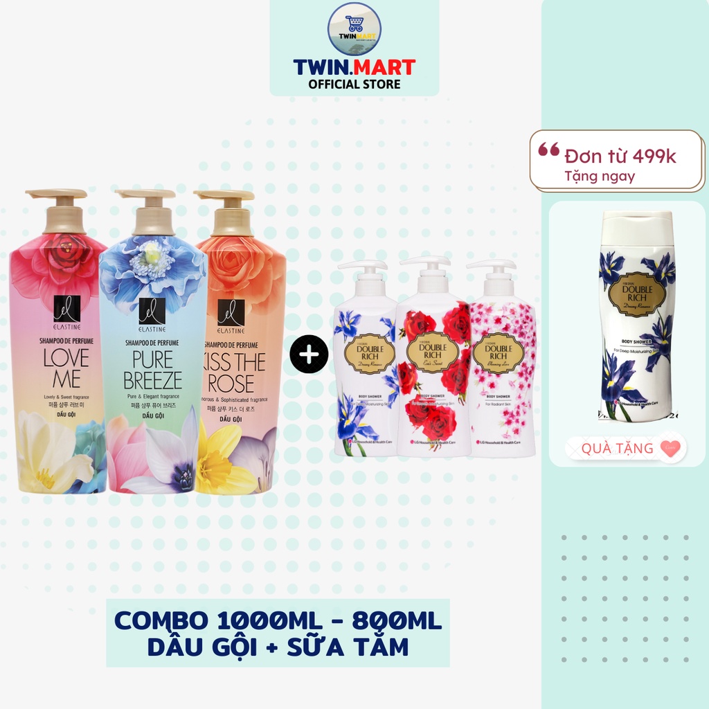 Dầu gội Elastine hương nước hoa 1000ml và Sữa Tắm Double Rich hương nước hoa 800ml - Hàn Quốc