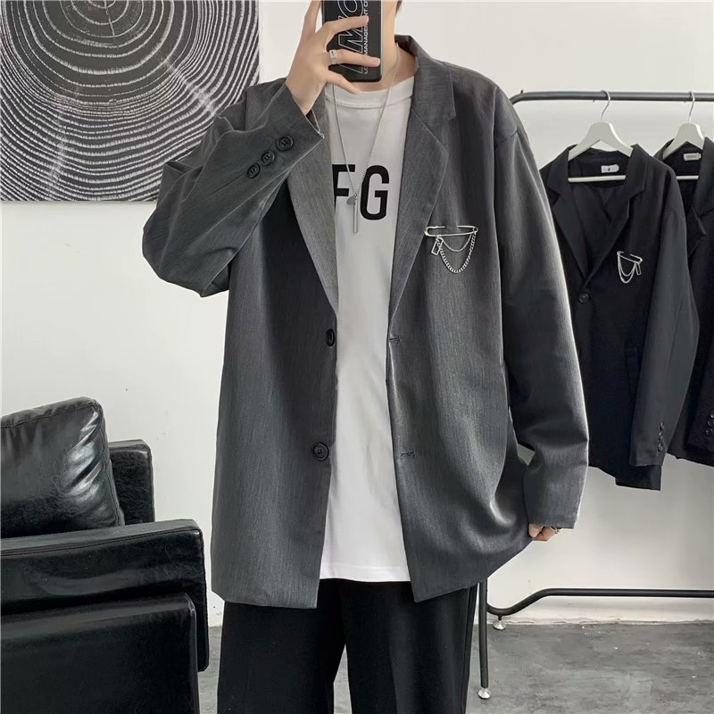 Tide brand brooch suit jacket men and women loose wild college British style thin casual suit ins tide Korean dk uniform thin section