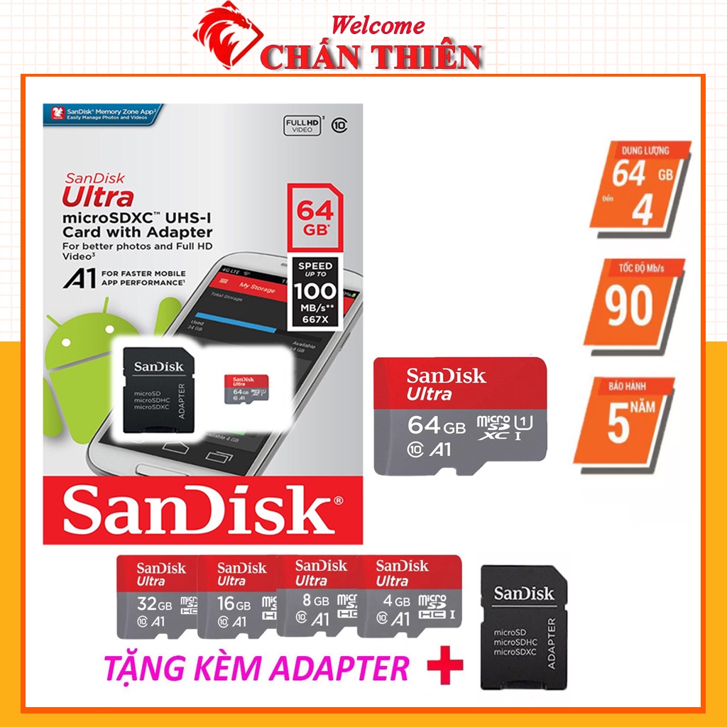 Thẻ nhớ 64GB 32GB 16GB Micro SD SanDisk tốc độ 100 MB/s chuyên dụng cho camera smartphone loa đài BẢO HÀNG 5 NĂM