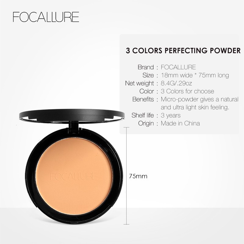 Phấn phủ dạng nén trang điểm FOCALLURE 3 màu tùy chọn kèm bông trang điểm 70g