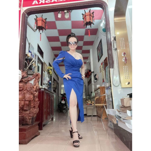 Đầm dạ hội kiểu lệch vai tay dài xẻ đùi (HÀNG CAO CẤP) kèm ảnh thật