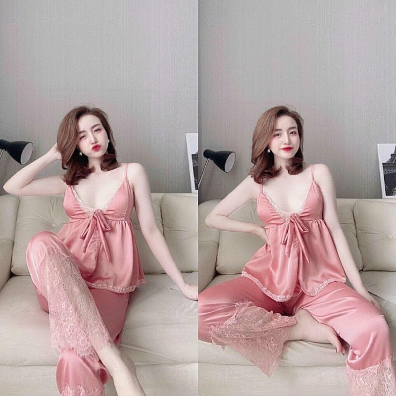 Set bộ ngủ dài sexy hai dây lụa satin phối ren cao cấp có mút | BigBuy360 - bigbuy360.vn