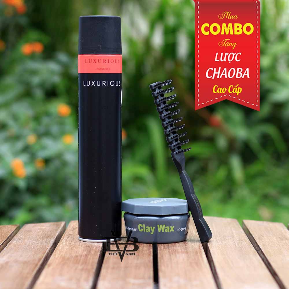 Combo gôm xịt tóc luxurious 320ml + sáp vuốt tóc Clay Wax 100ml + Tặng lược tạo kiểu