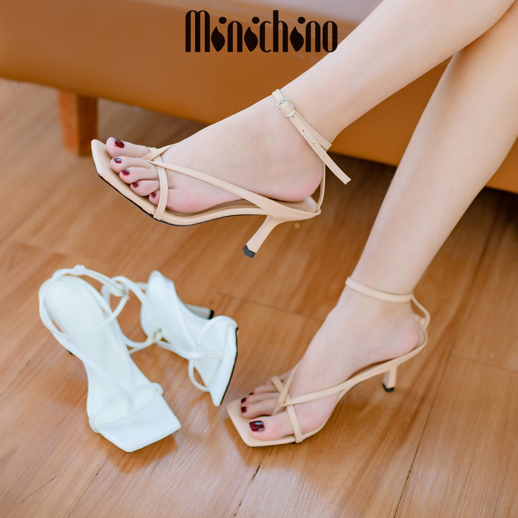 Giày cao gót nữ cao 7cm MINICHINO mũi vuông gót nhọn, phối dây thời trang màu nude TC013