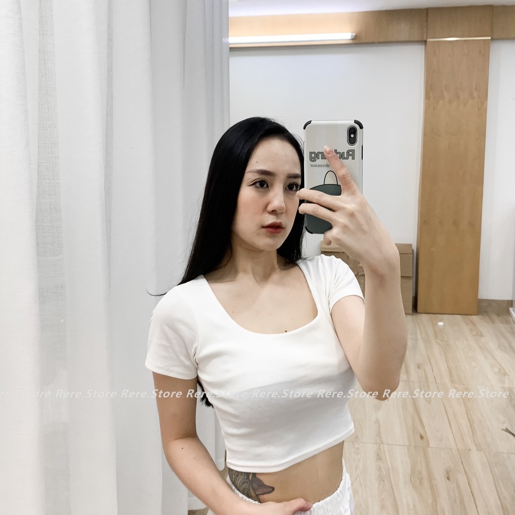 Áo Croptop Cổ U Ngắn Tay Nữ - Rere.Store B13-1 Thun ôm body sexy, phông trơn cổ tròn cá tính màu basic Ulzzang
