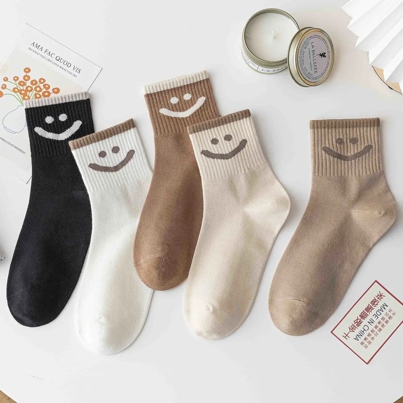 Vớ Cotton Cổ Vừa Thêu Hình Mặt Cười Dễ Thương Thoáng Khí Thời Trang Xuân Hè Cho Nữ