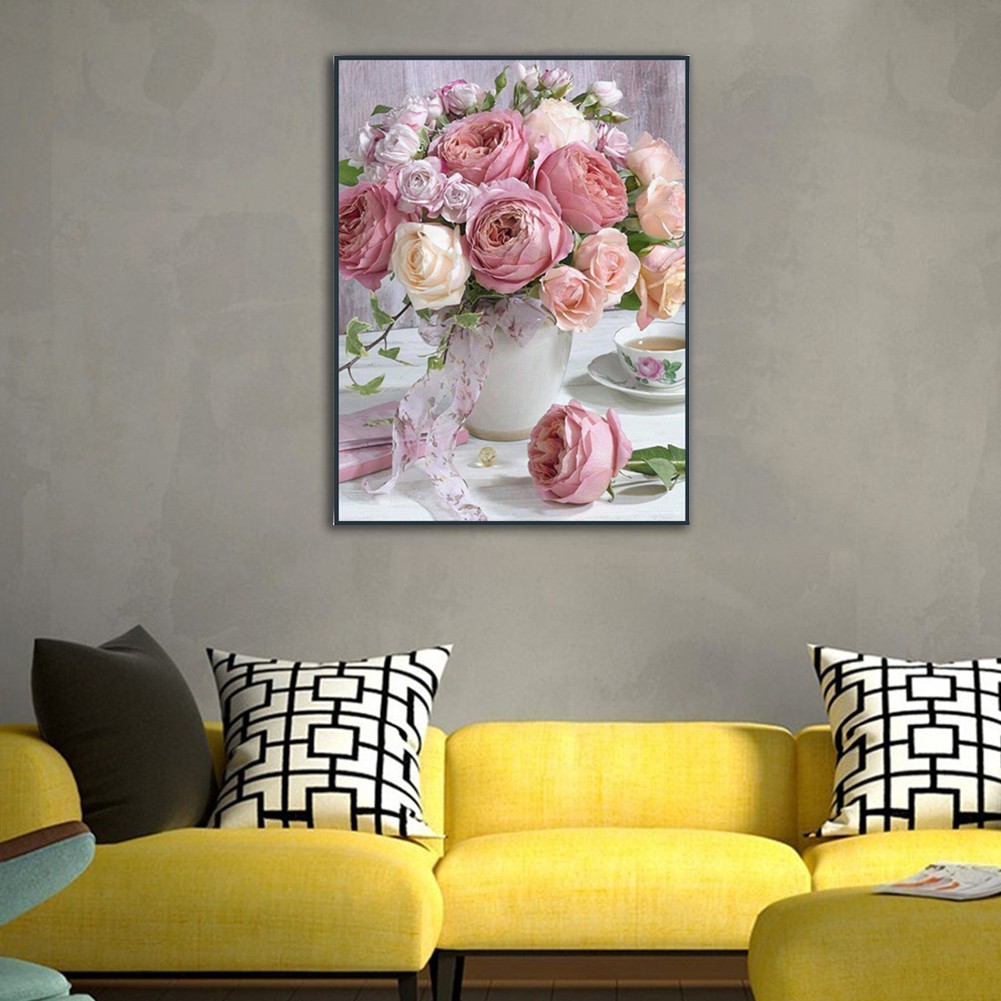 Bộ Tranh Đính Đá Tự Làm 30x40cm Hình Hoa Mẫu Đơn Và Ly Trà