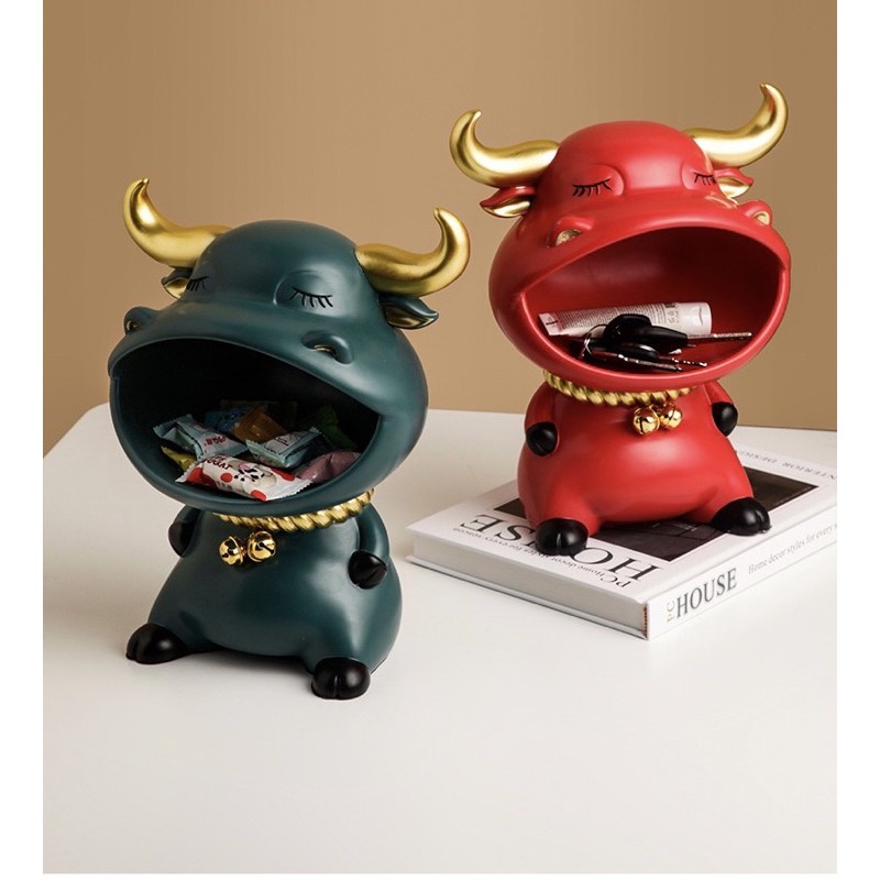 Tượng decor phòng khách, kệ đựng đồ dùng decor nhà cửa trâu sừng vàng 2021