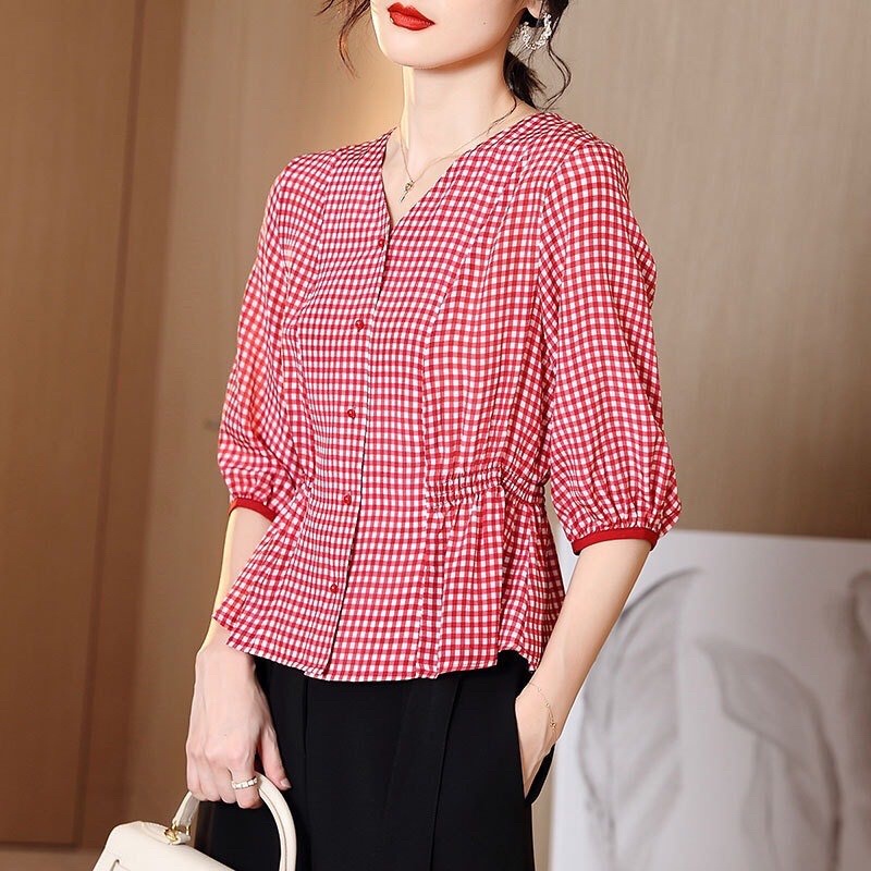 RA1369 Áo chiffon nữ hè thu tay lỡ caro hàng nhập