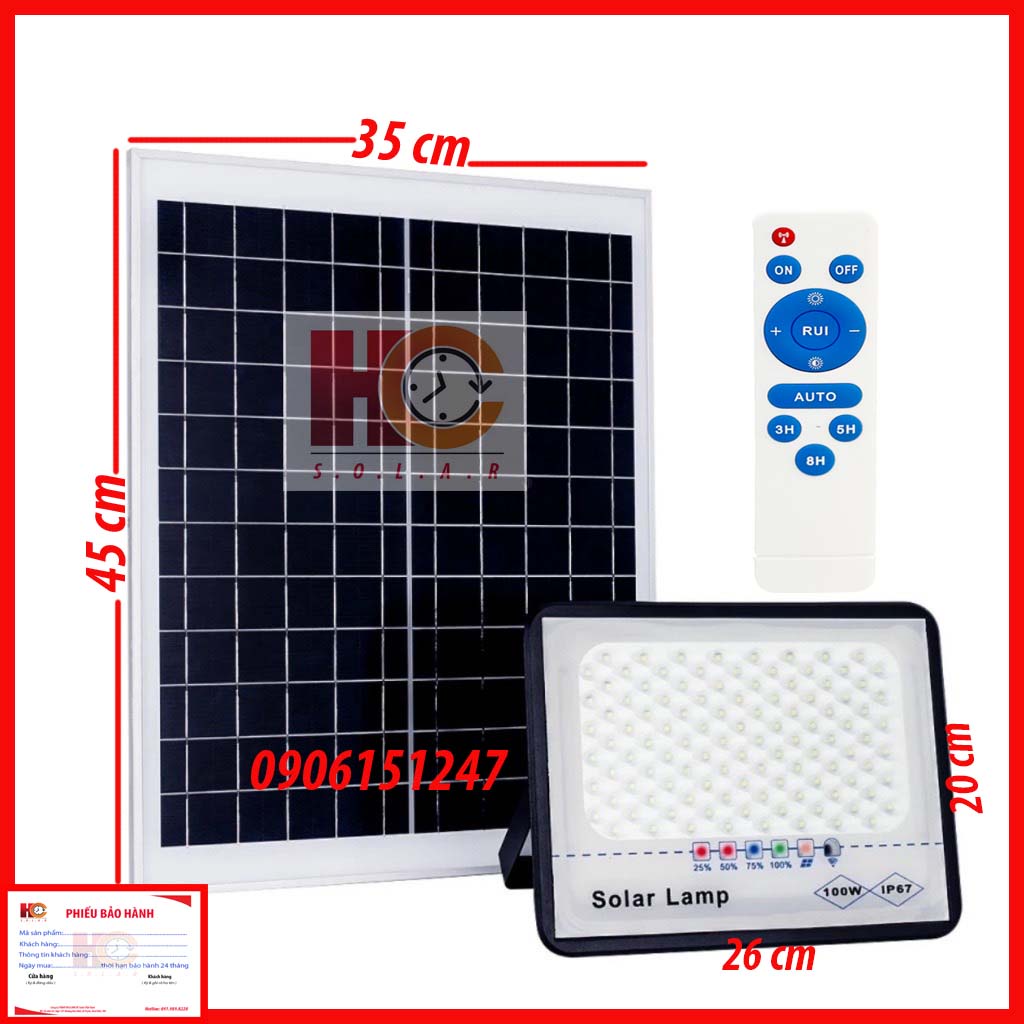 Đèn pha năng lượng mặt trời  HC SOLAR LINGHT 100W – Chống chói mắt, Đèn Led, Vỏ nhôm, Tấm pin NLMT rời, Ánh sáng trắng