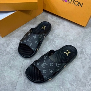 [Ảnh/Video Thật] Dép quai ngang LOUIS VUITTON dép Unisex nam nữ đế bánh mì chất liệu cao su non LV IN HOA