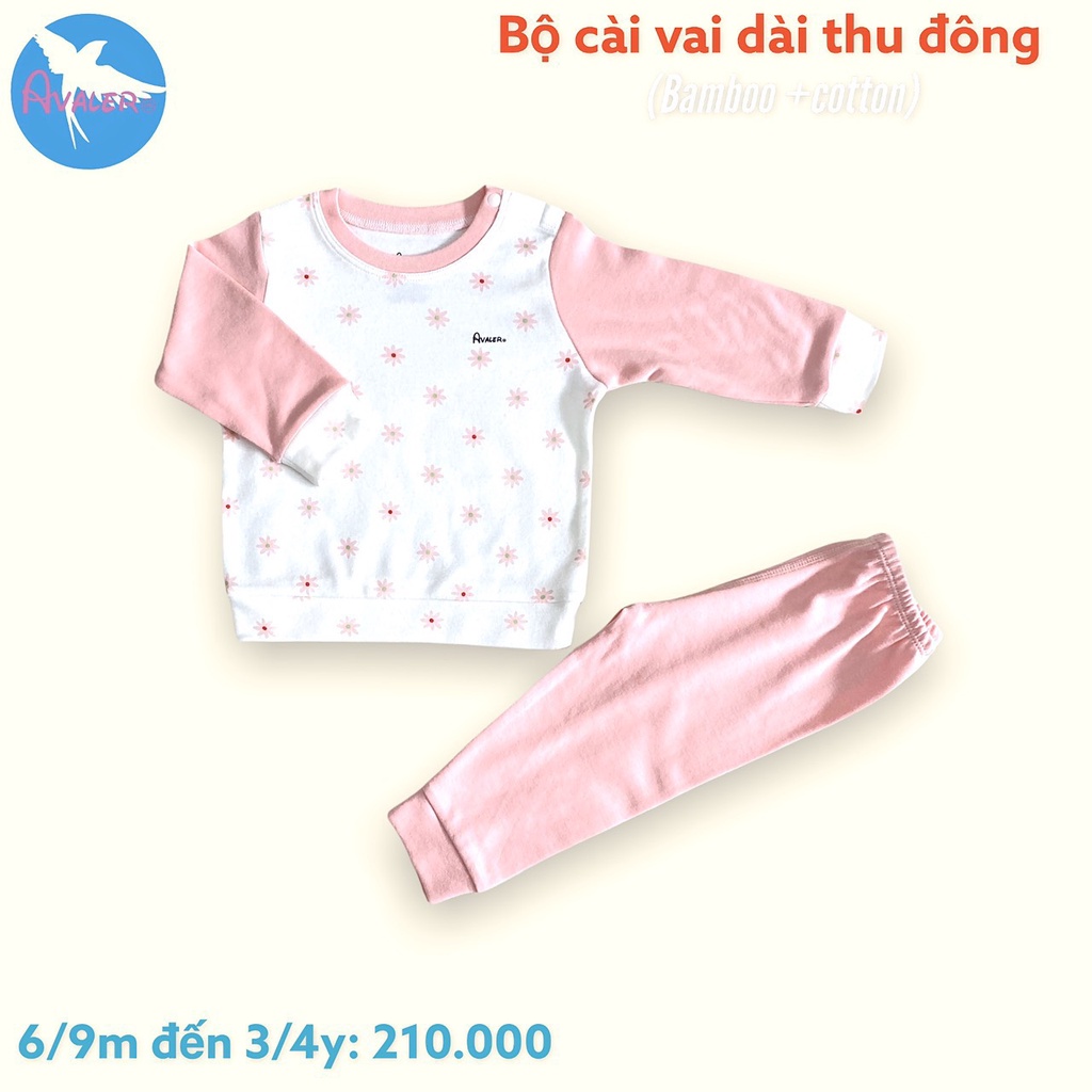 [CHÍNH HÃNG] Bộ nỉ dài tay bo gấu cài vai bamboo cotton họa tiết trẻ em Avaler