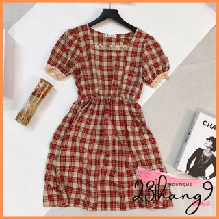 Váy babydoll đầm tay bồng sọc caro cổ vuông chiết eo chất vải cao cấp đi tiệc đi chơi đi biển freesize 23thang9 boutique