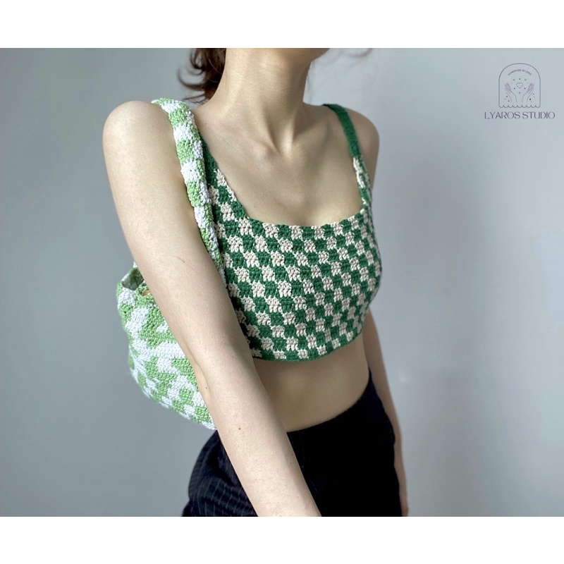 𝑳𝒚𝒂𝒓𝒐𝒔𝒕𝒖𝒅𝒊𝒐 - Mini Checkered Top Áo len đan móc handmade kẻ caro nữ hai dây