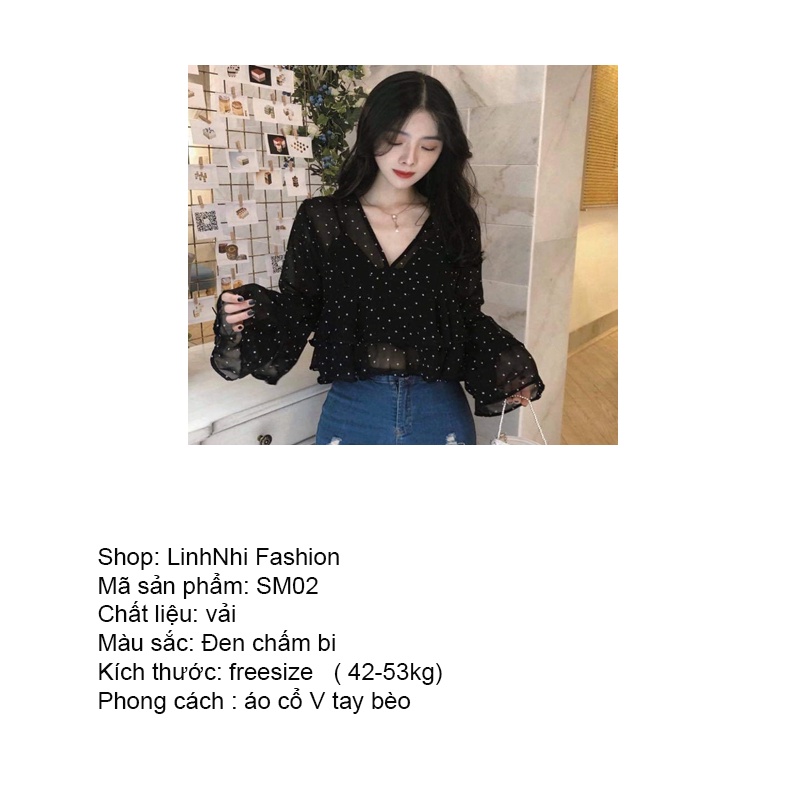 Áo voan nữ tay dài bèo cổ V họa tiết chấm bi thời trang Hàn Quốc SM02