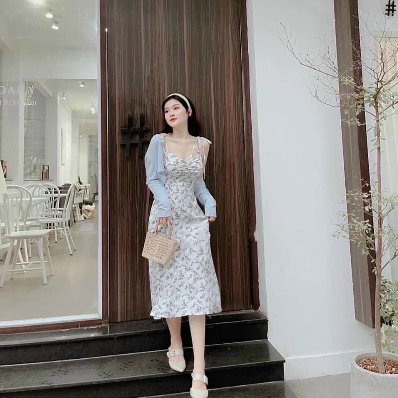 Set váy 2 dây hoa nhí vintage kèm áo khoác cardigan croptop đầm nữ dự tiệc cưới 2 dây sexy
