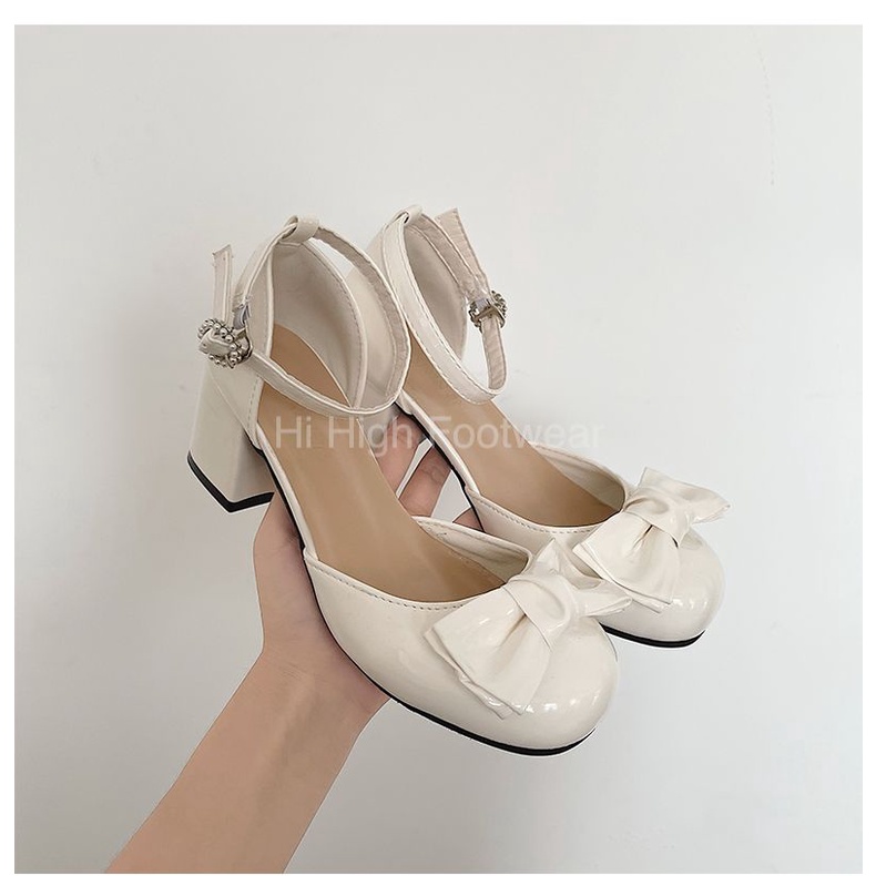 Giày búo bê kiểu Mary Jane công chủa đính nơ màu trắng kem, Giày búp bê cao gót nơ dễ thương lolita