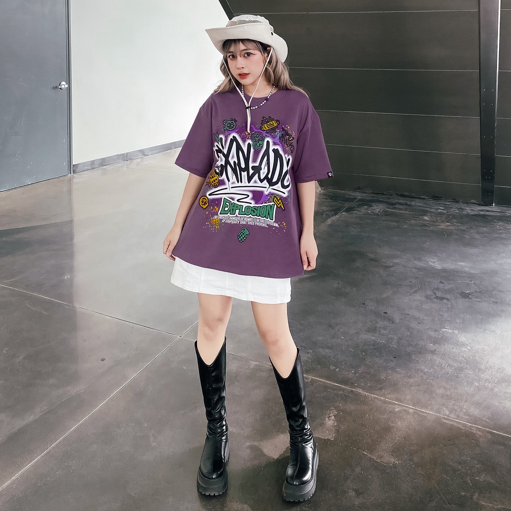 Áo Thun Explode Màu Tím In Hình Chất Liệu 100% Cotton Thoáng Mát Form Rộng Thoải Mái