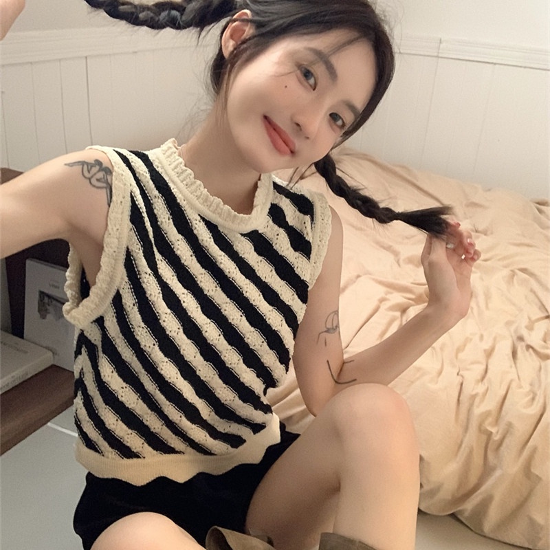 Áo Dệt Kim Sát Nách Kẻ Sọc Thời Trang Ngọt Ngào Cho Nữ