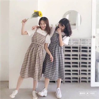 [ FREE SHIP ]Sét Váy Kẻ Caro rút dây eo(Set Váy Yếm)