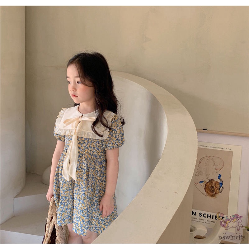 Đầm Tay Ngắn Thắt Nơ In Hoa Phong Cách Hàn Quốc Thời Trang Mùa Hè Cho Bé Gái