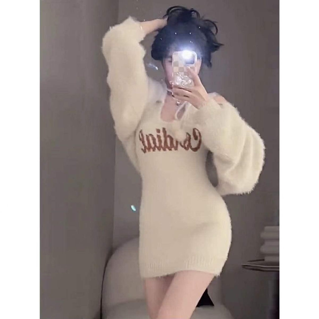 Set Áo Khoác cardigan Cổ Yếm Và Đầm Len Thiết Kế Mới Xinh Xắn Thời Trang