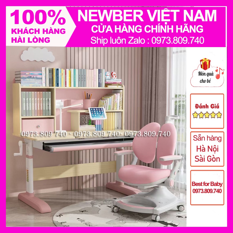 Bàn Học Sinh chống gù ,chống cận Newber Royal 1600 cao cấp ( Bàn 120cm - Gỗ tự nhiên, Kệ sách lớn)