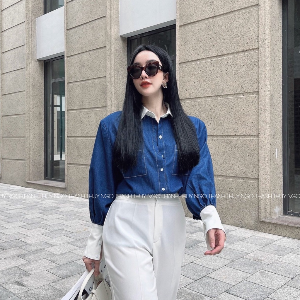 Áo Sơ Mi Jeans Xanh Phối THUYNGOTHANH áo sơ mi xanh phối trắng, tay bồng freesize form rộng có độn vai