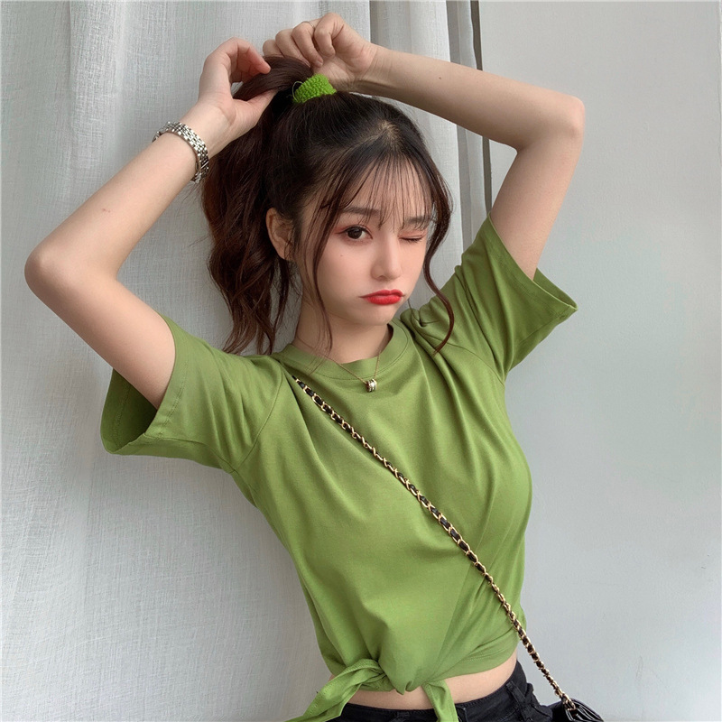Áo Thun Ngắn Tay Màu Sắc Trơn Cột Dây Eo Cao Thời Trang Cho Nữ