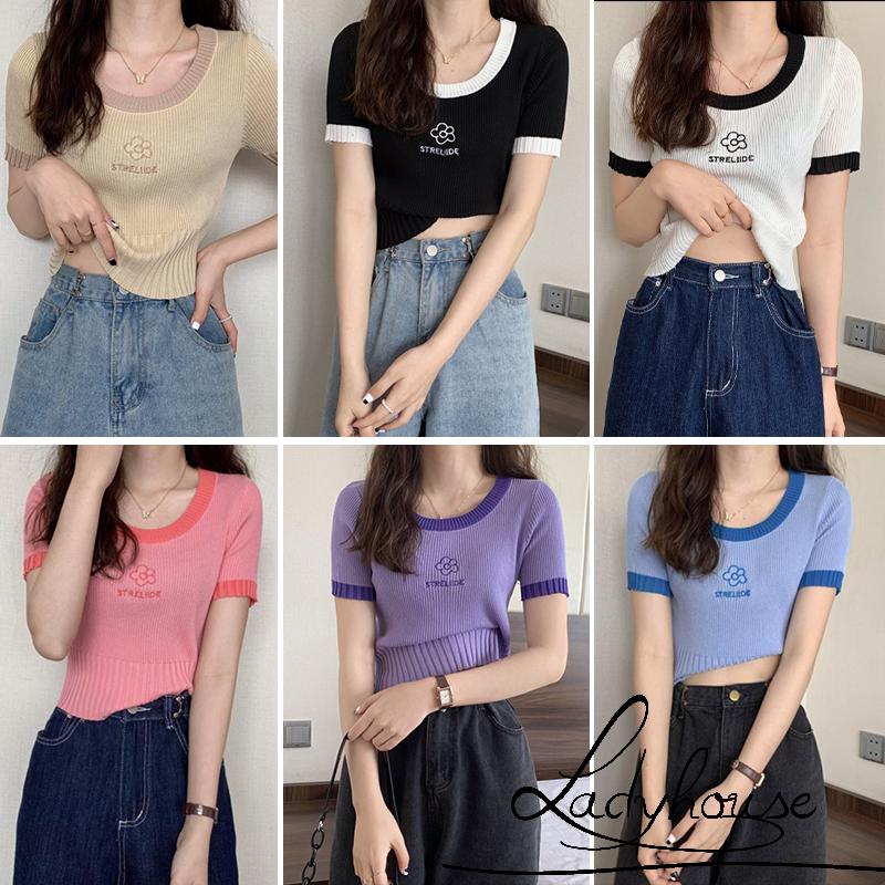 Áo Croptop Dệt Kim Tay Ngắn Cổ Tròn Thêu Họa Tiết Hoa Và Chữ Thời Trang Cho Nữ