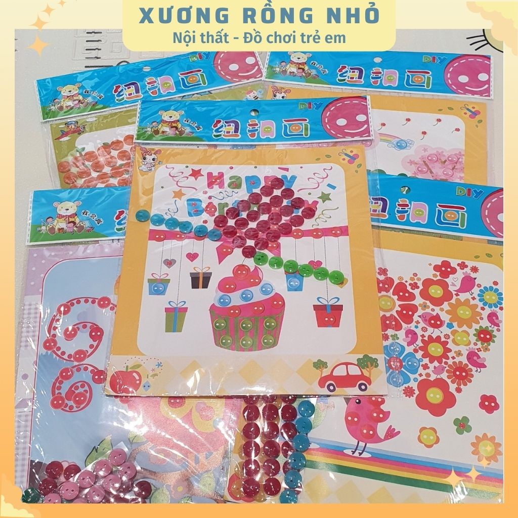 Tranh DIY cho bé, tranh nút áo, tranh đính đá khổ A4, A5 nhiều họa tiết, màu sắc cho bé thỏa sức sáng tạo
