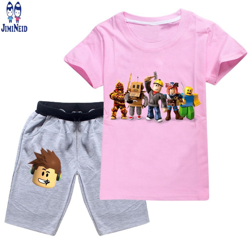 【JD】Spot  hot new big Boys Girl Clothes Sets Summer Roblox Short-sleeved cotton T-shirt + shorts 2-piece set