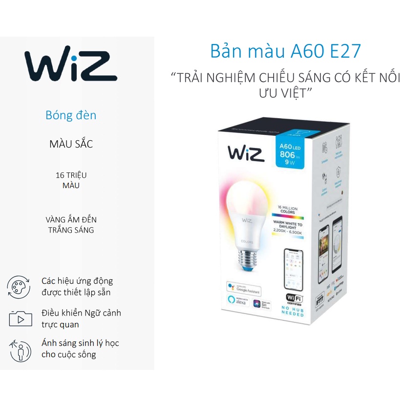 WIZ Bóng đèn 16tr màu WiFi Color+TunableWhite/9W A60
