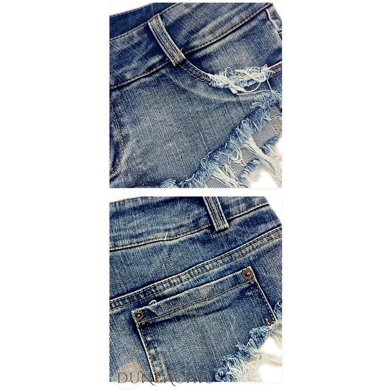 DUNEA Quần short denim lưng thấp thiết kế xẻ rách phong cách quyến rũ thời trang