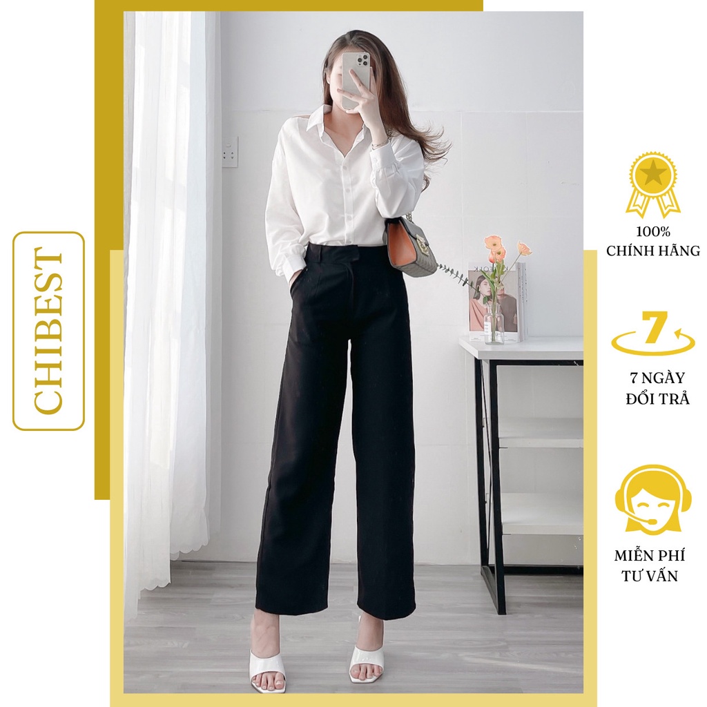 Quần Tây nữ Lưng cao Dáng suông Form rộng Ống đứng cúc lệch CHIBEST YQB35